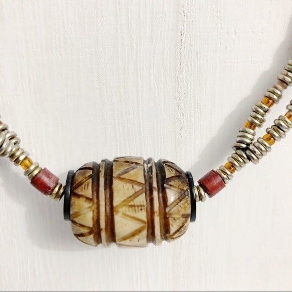 Handmade Metal Beaded Necklace with Carved Bead Focal - Picture 2 of 9